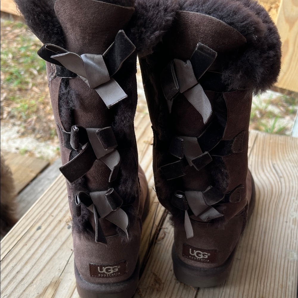 UGG Dark Brown Suede Shearling Boots with Bow Accents
